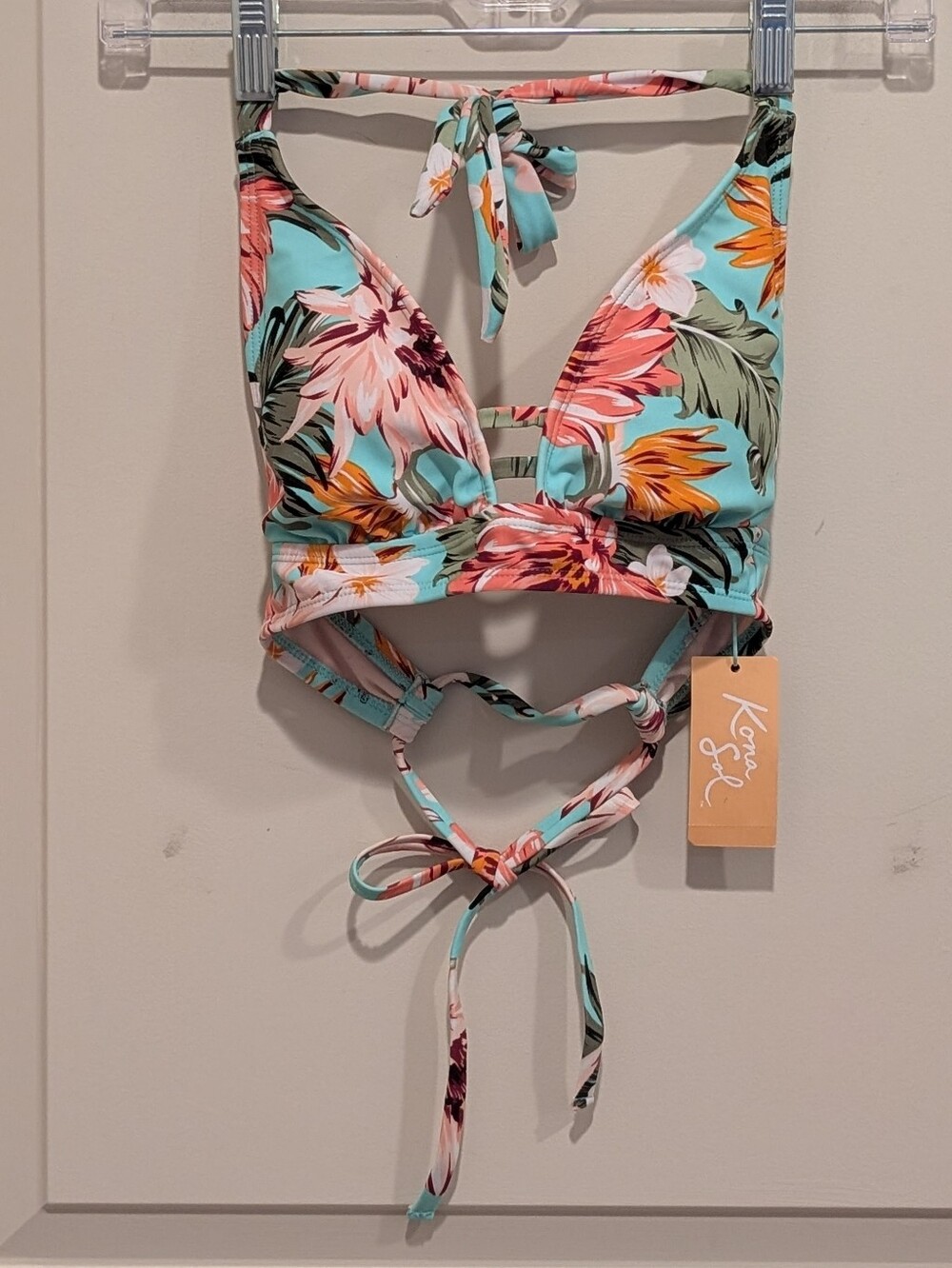 Kona Sol Aqua Floral Halter Bikini Top with Pink & Orange Blooms Size Small